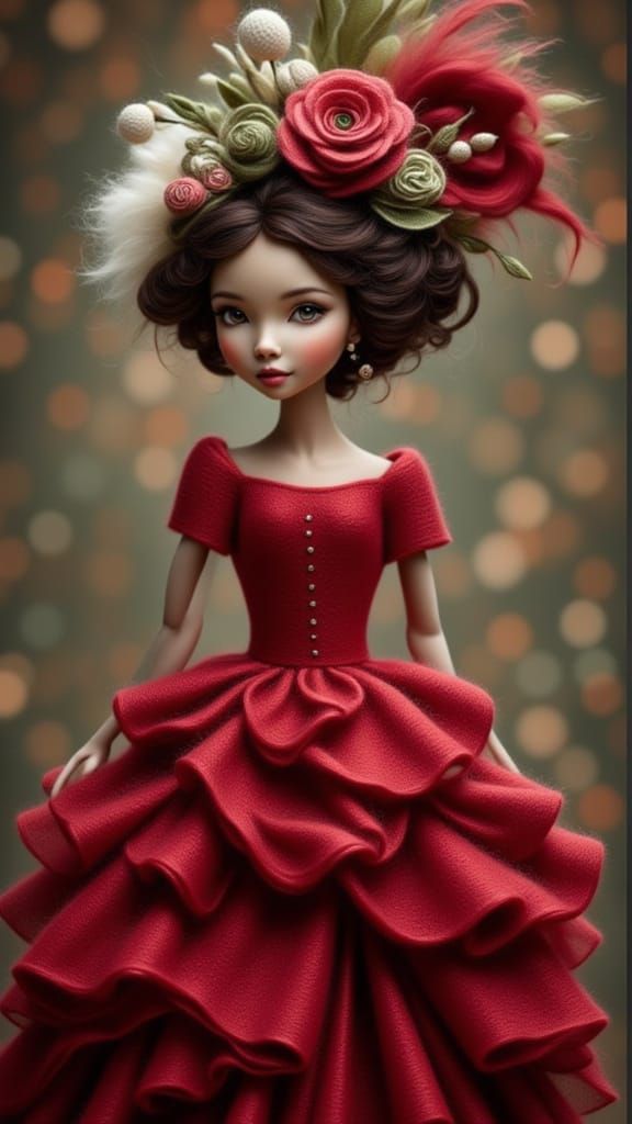 Adorable Fairy in Embellished Red Dress with Fur Hat