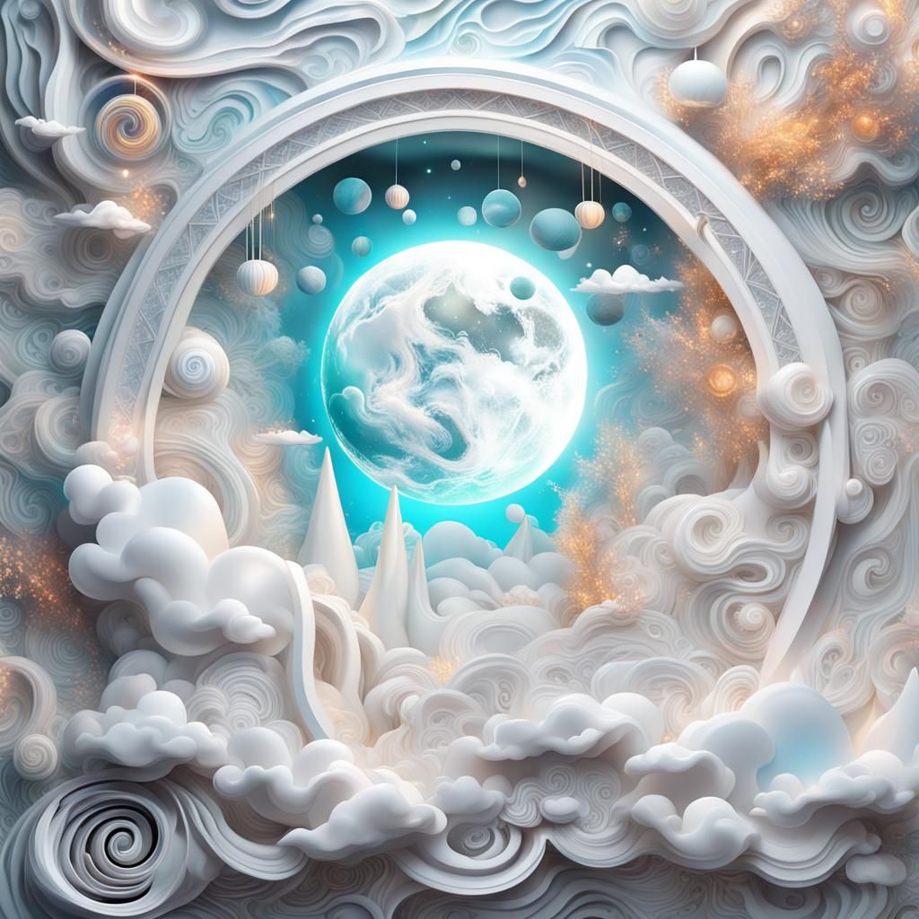 Art Deco White Paper Art with Swirling Clouds