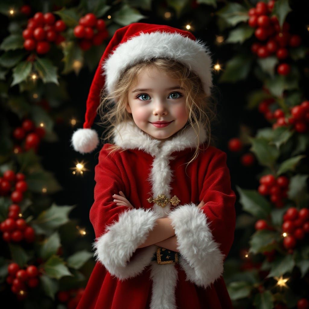 Confident Little Girl Santa Claus in Vibrant Winter Wonderla...