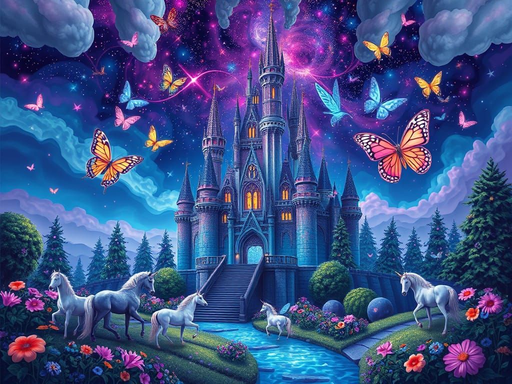 Whimsical Castle Scene in Psychedelic Colors