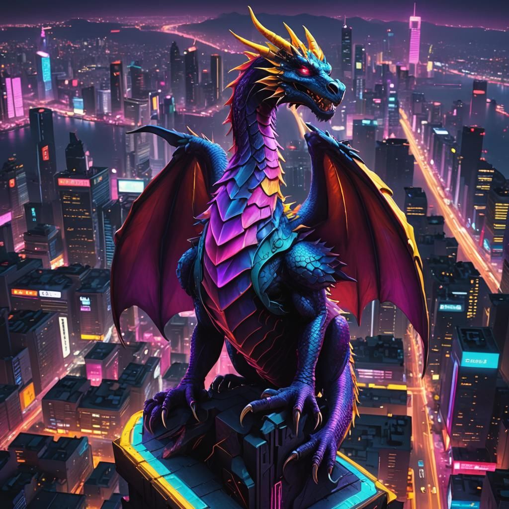 Synthwave Dragon Perched on Neon Cyberpunk City