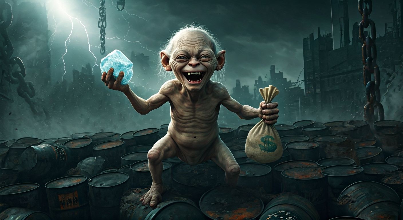 Gollum in Post-Apocalyptic City with Petrol Barrels