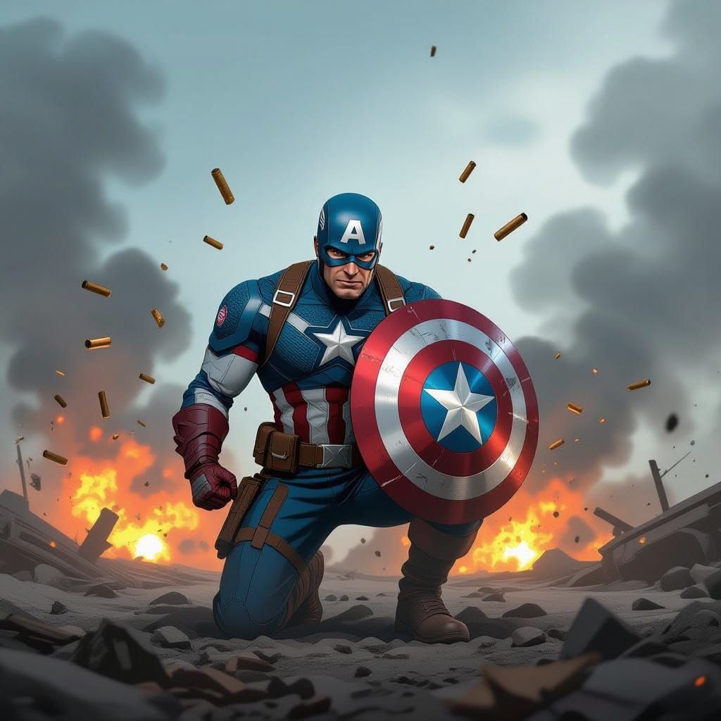 Captain America Deflects Bullets on Wartorn Field