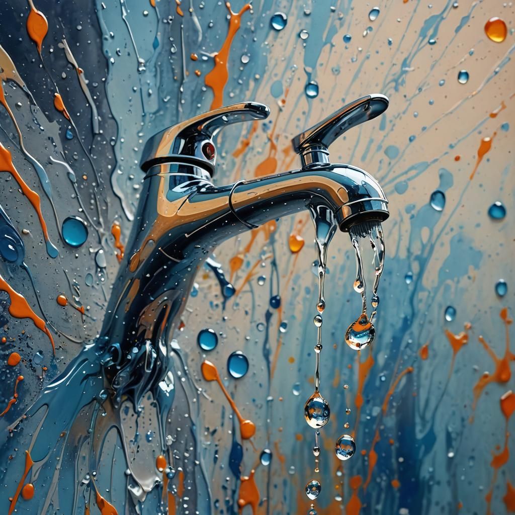 Abstract Hand with Dripping Faucet in Watercolor Style