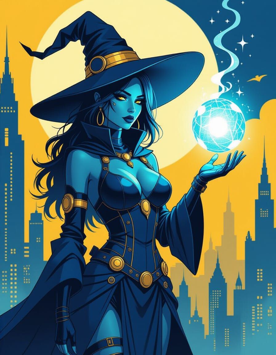 Cyberpunk Witch with Magic Ball in Royal Blue and Yellow