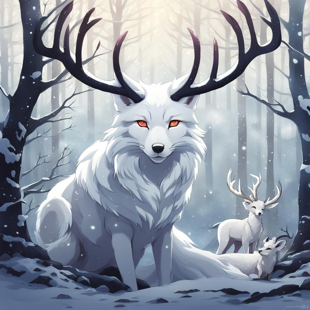 Mystical White Fox with Deer Antlers in Anime Style