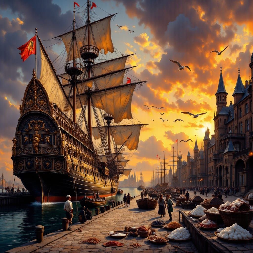 Ancient Port with Sailing Ships in Digital Art Style