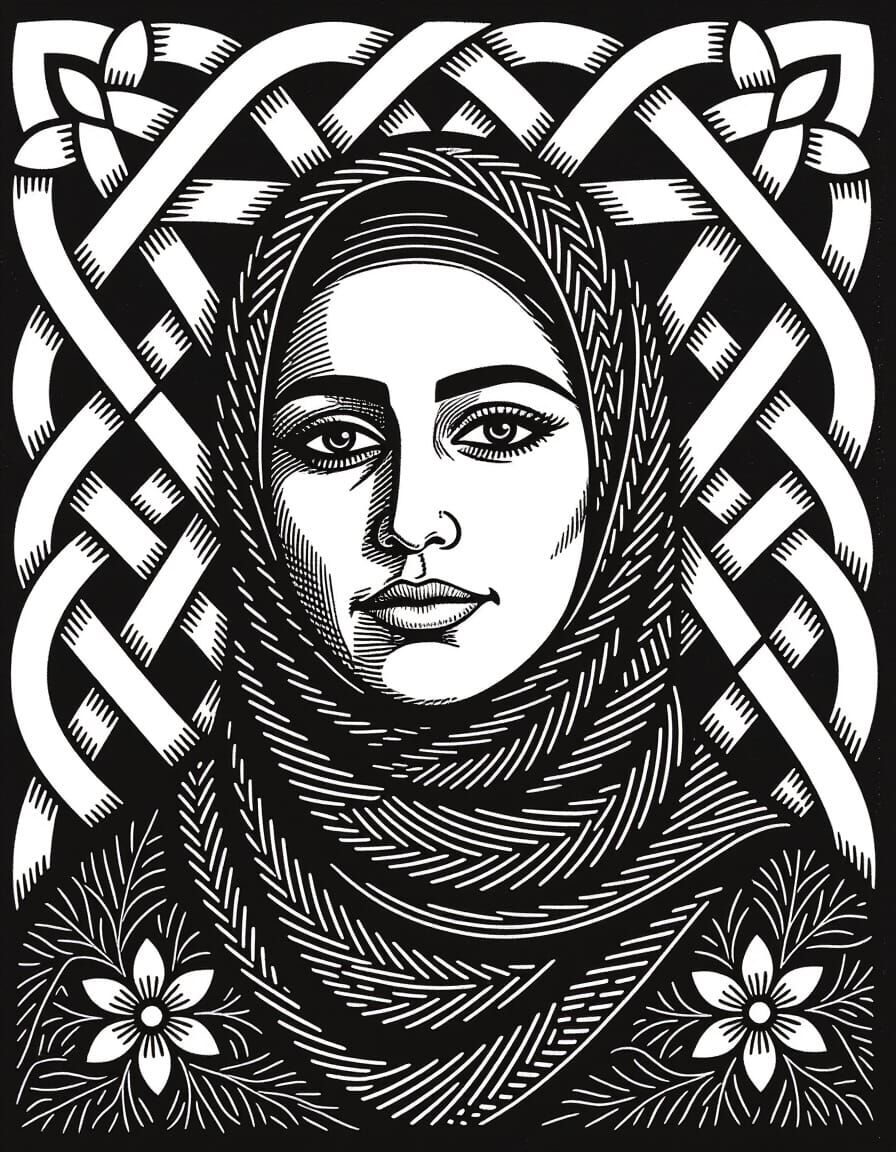 Palestinian Woman Portrait as Linocut Print