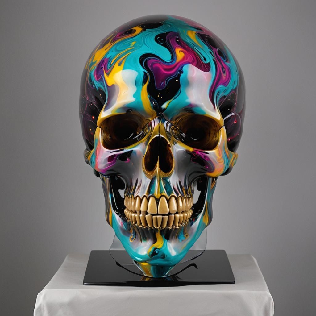 Translucent Resin Skull Sculpture with Vivid Color Swirls