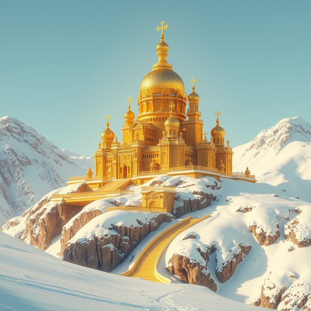 Golden Palace on Snowy Mountain in Futuristic Style