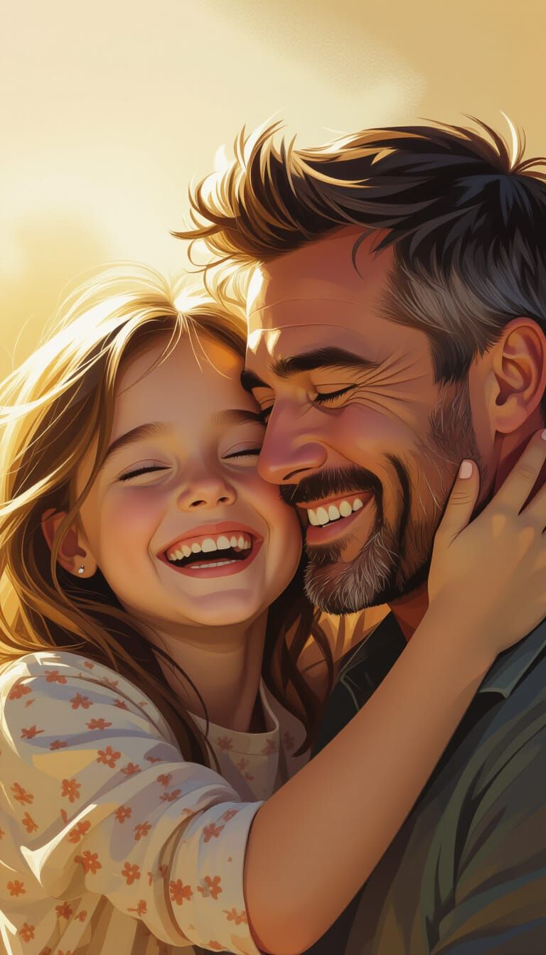 Girl Giggling Covering Father's Eyes in Matte Painting Style