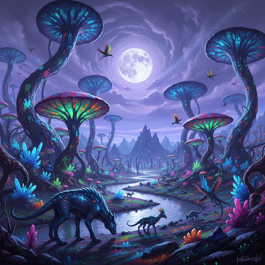 Alien Planet Landscape with Strange Flora and Fauna