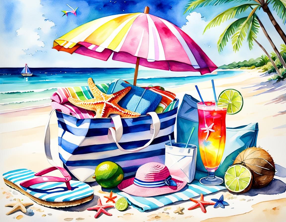 Vibrant Watercolor Beach Still Life