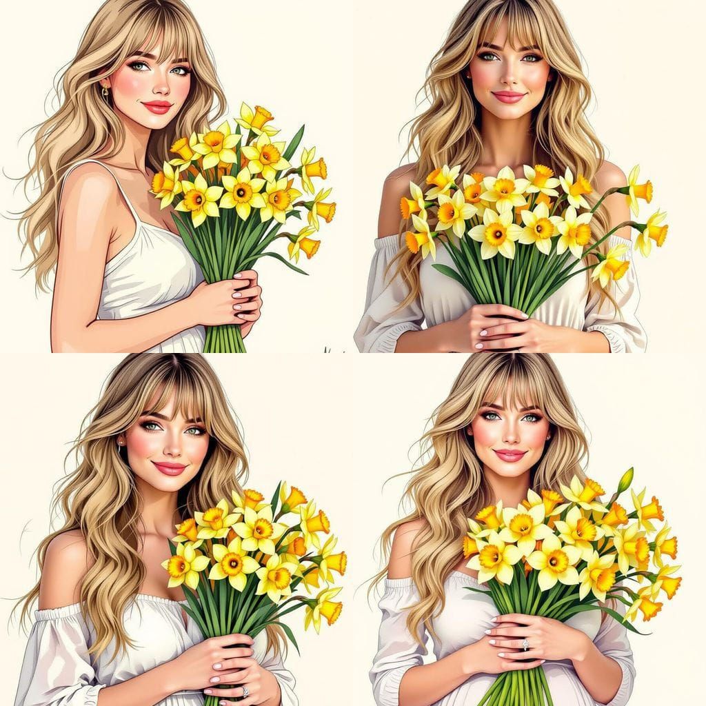 Sketch of Pregnant Woman with Daffodils, Spring Serenity