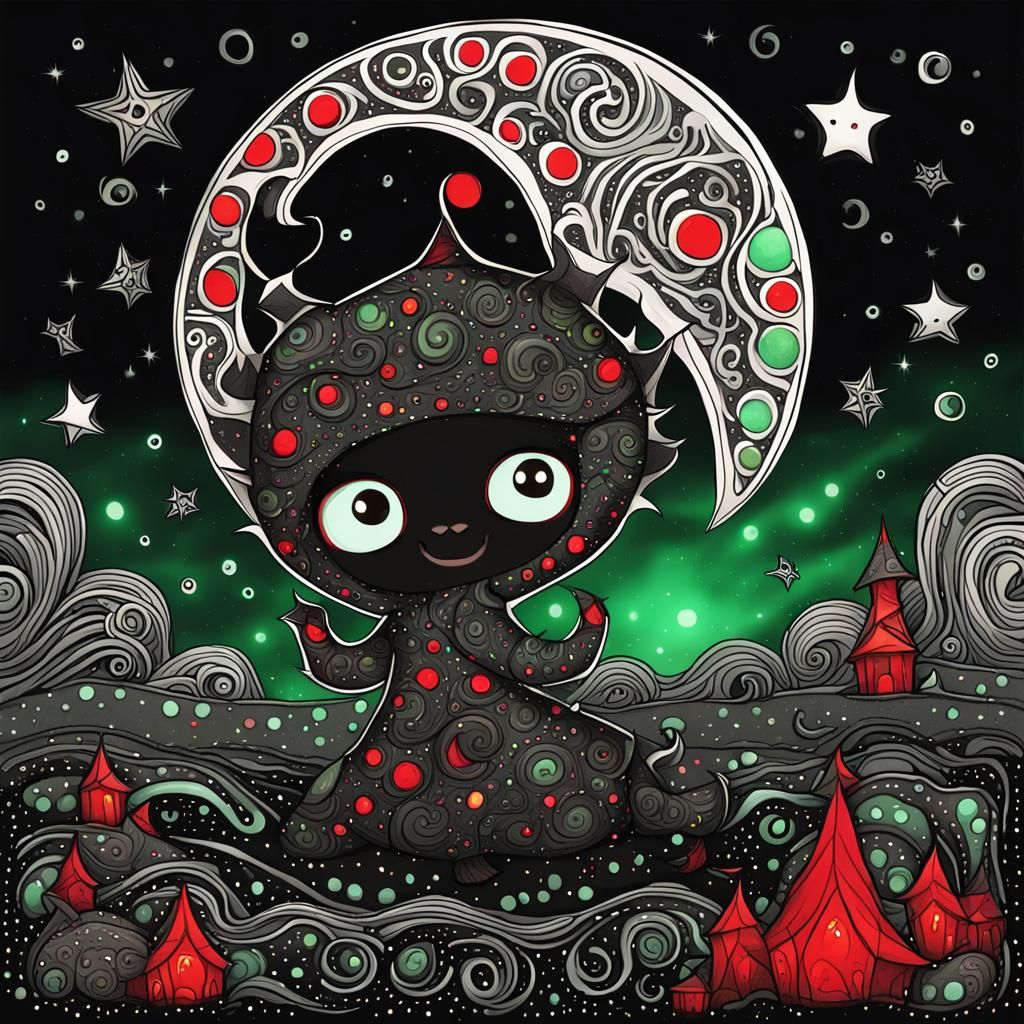 Eldritch Chibi Monster Under a Red Moon