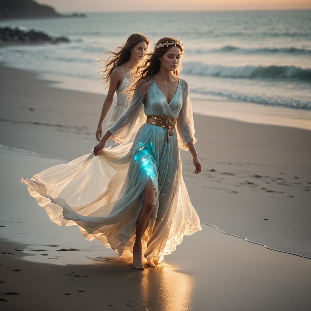 Ethereal Goddess Walking on a Glowing Beach