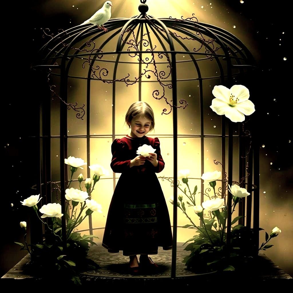 Surreal Whimsy: A Smiling Child in a Lavender Cage