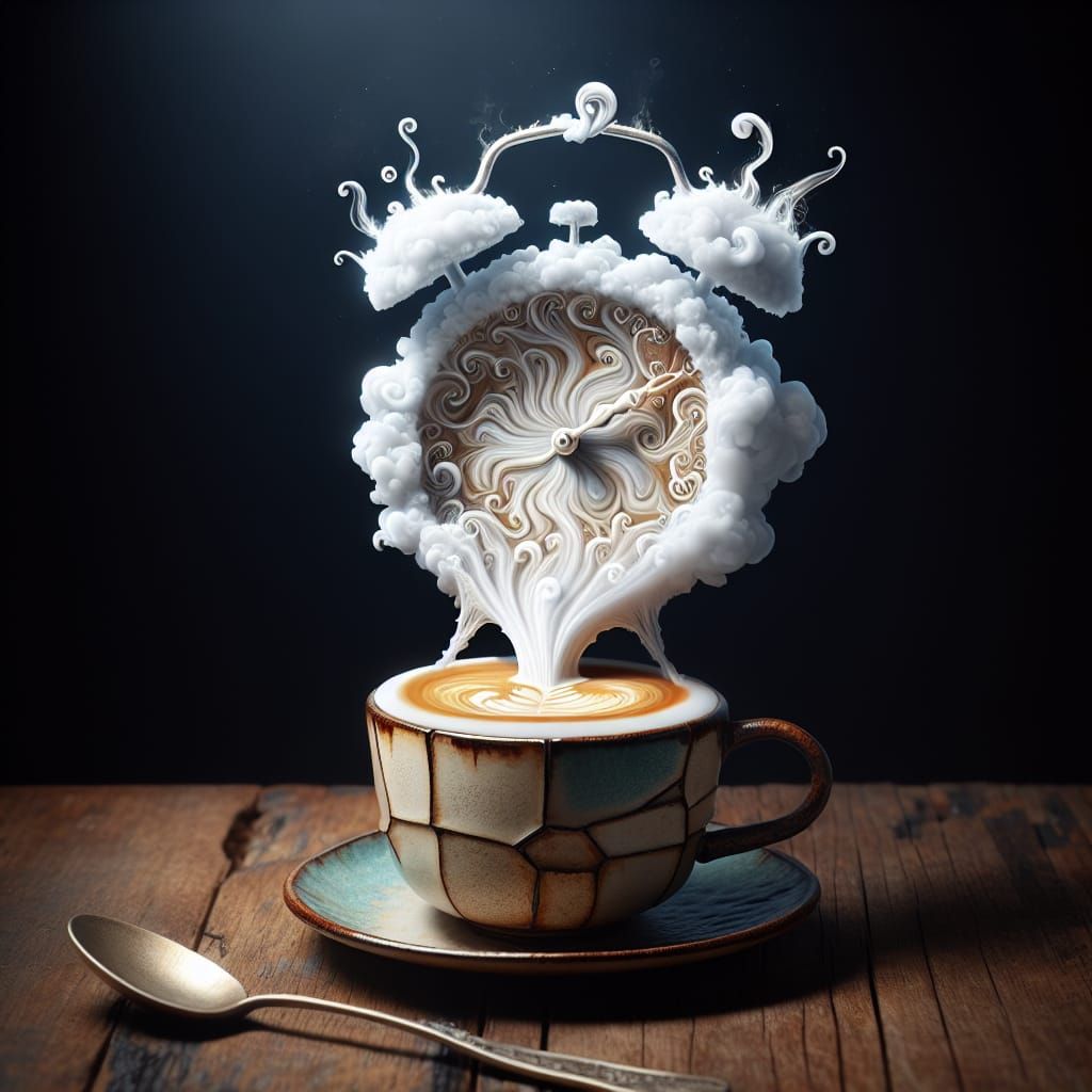 Coffee Cup with Steam Alarm Clock: Hyperrealistic Photo