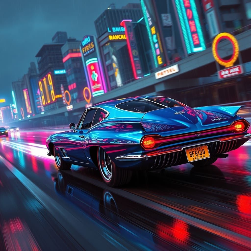 Retro Car Speeds Down Neon Highway in Synthwave Style