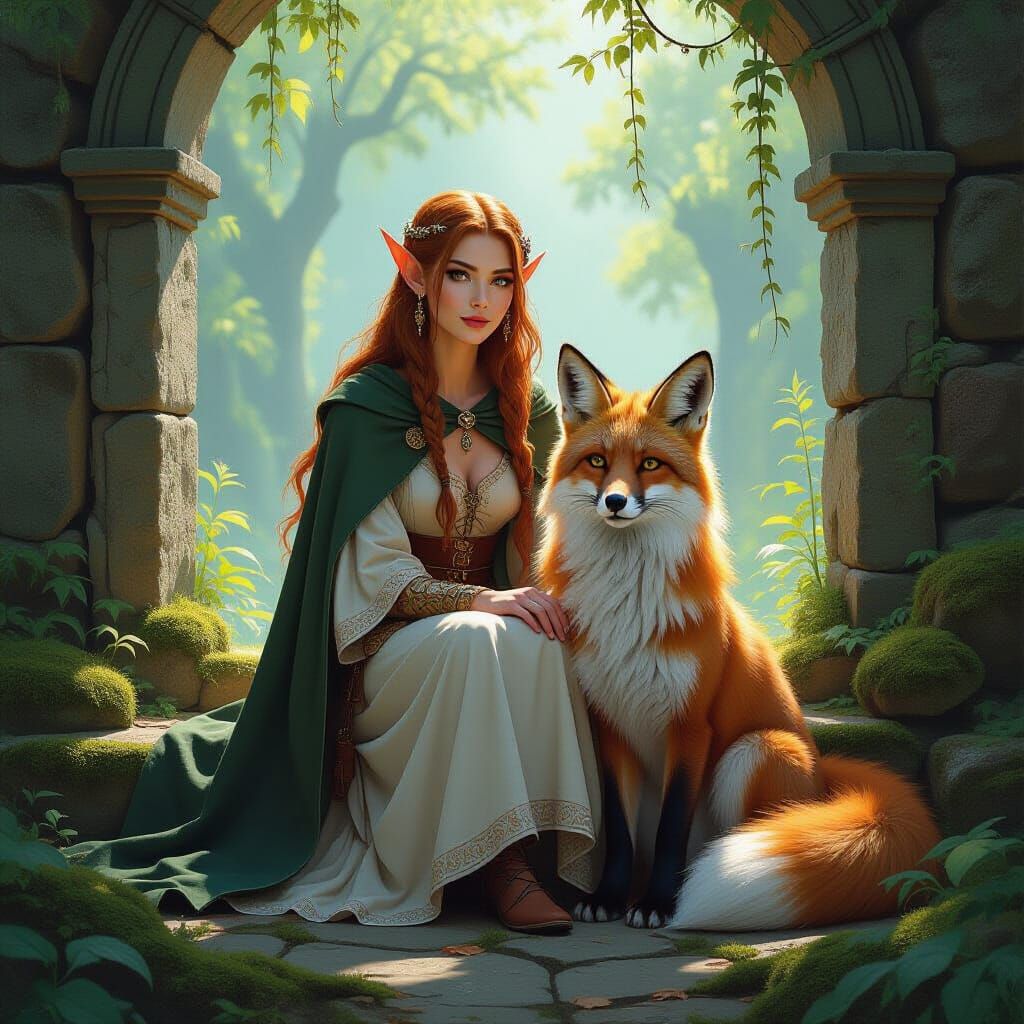 A beautiful female elven with her cherished fox guardian.💚