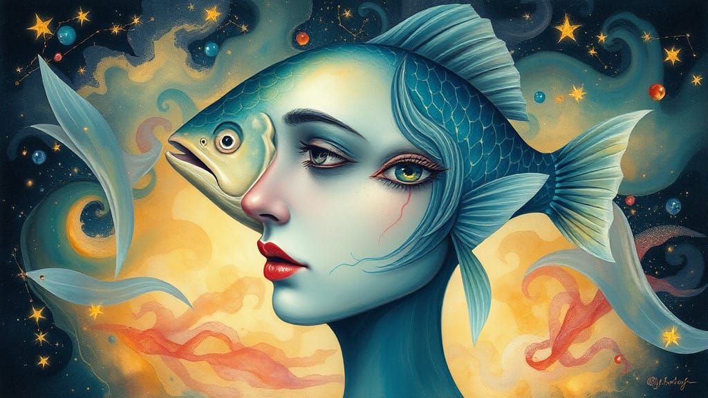 Surreal Aquatic Portrait in Whimsical Watercolor Style
