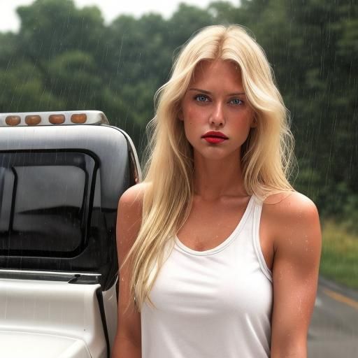 Woman in Jeans with Blonde Hair and Red Lips
