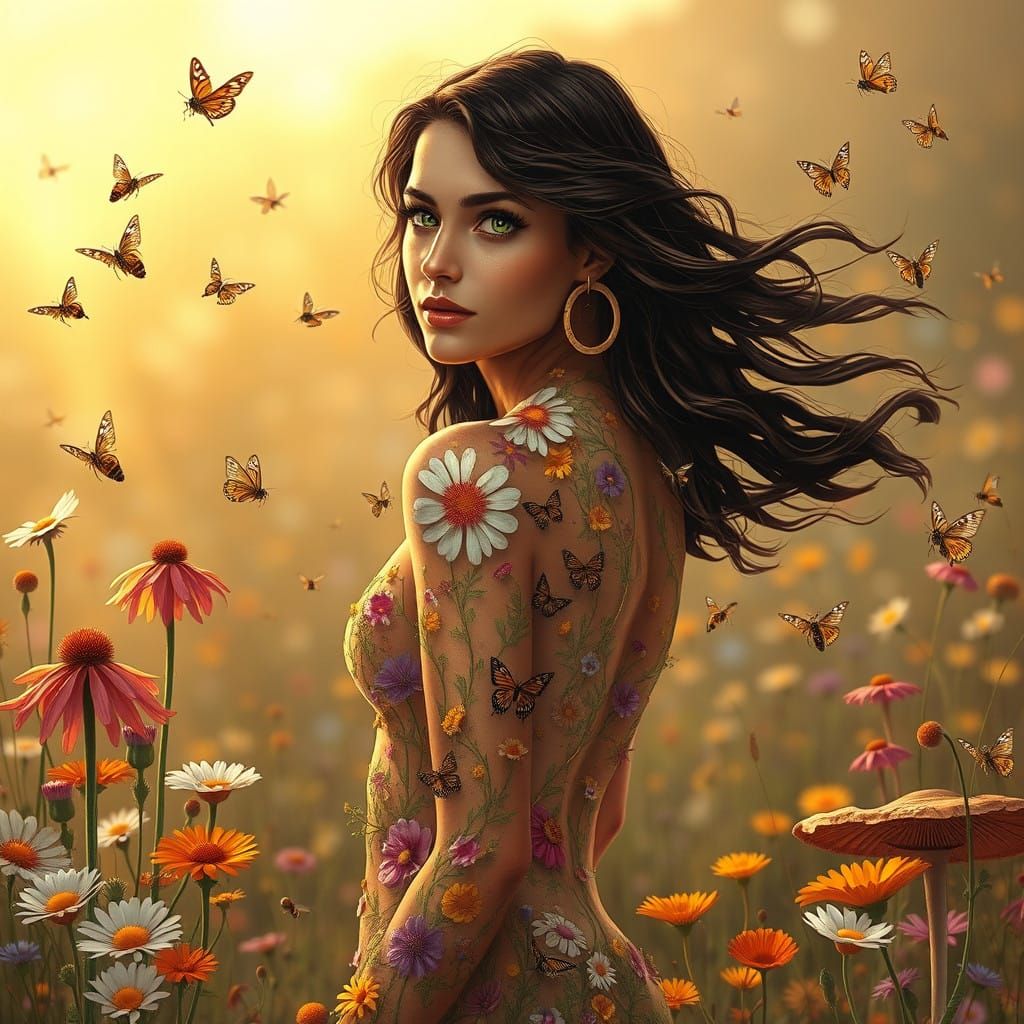 Ethereal Beauty Adorned with Whimsical Wildflowers and Bees