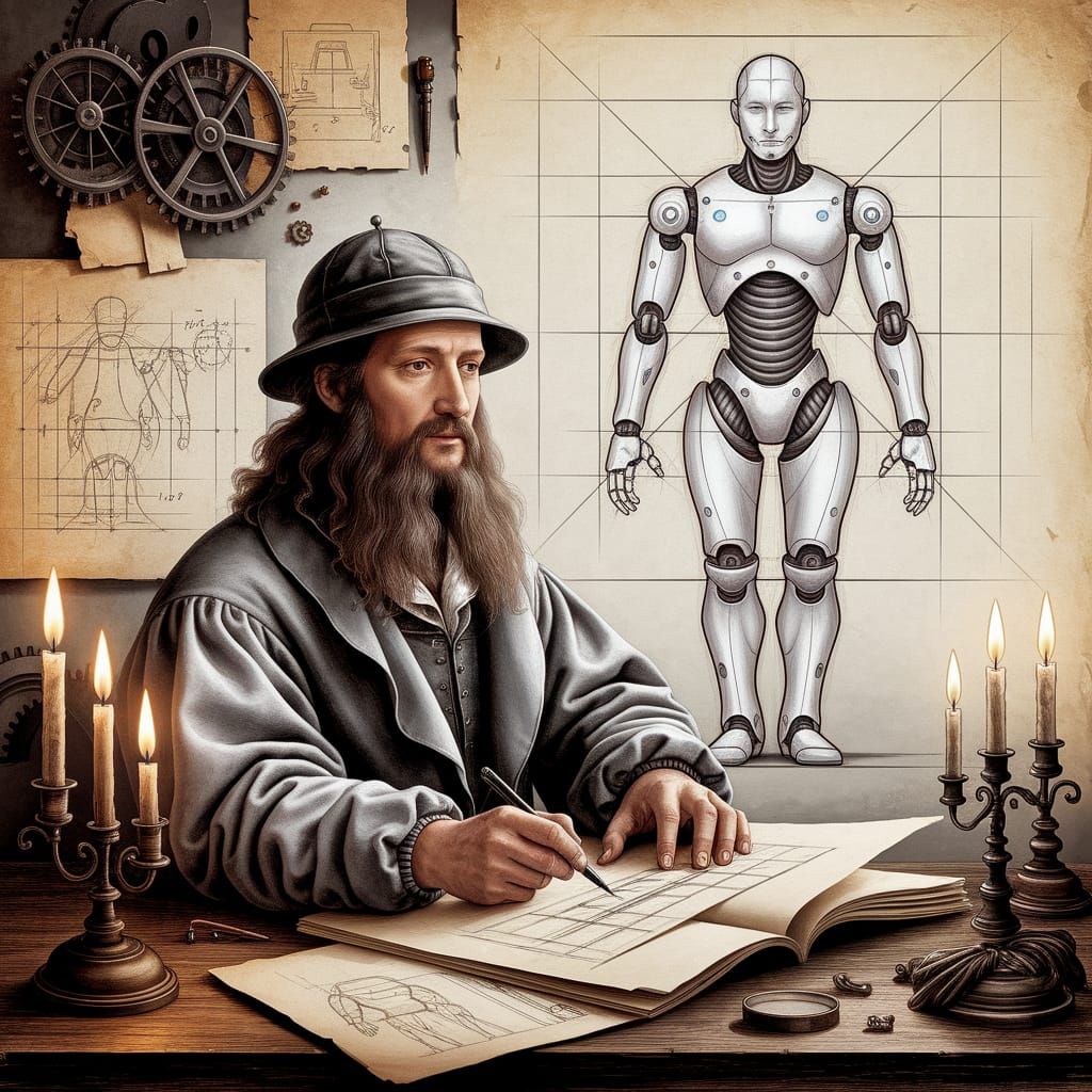 Da Vinci Sketches Futuristic Robot in Renaissance Workshop