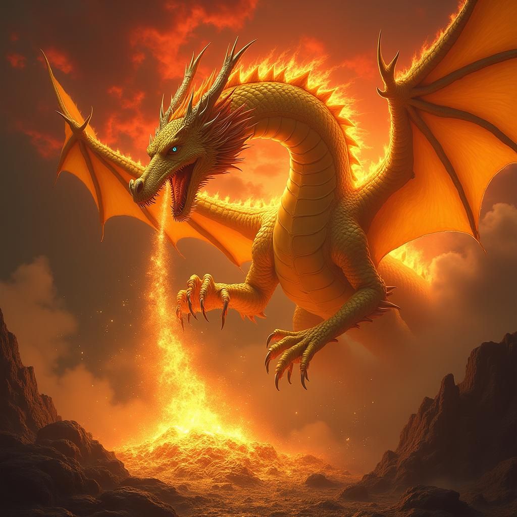Majestic Dragon Hoarding Treasure in Fiery Sky