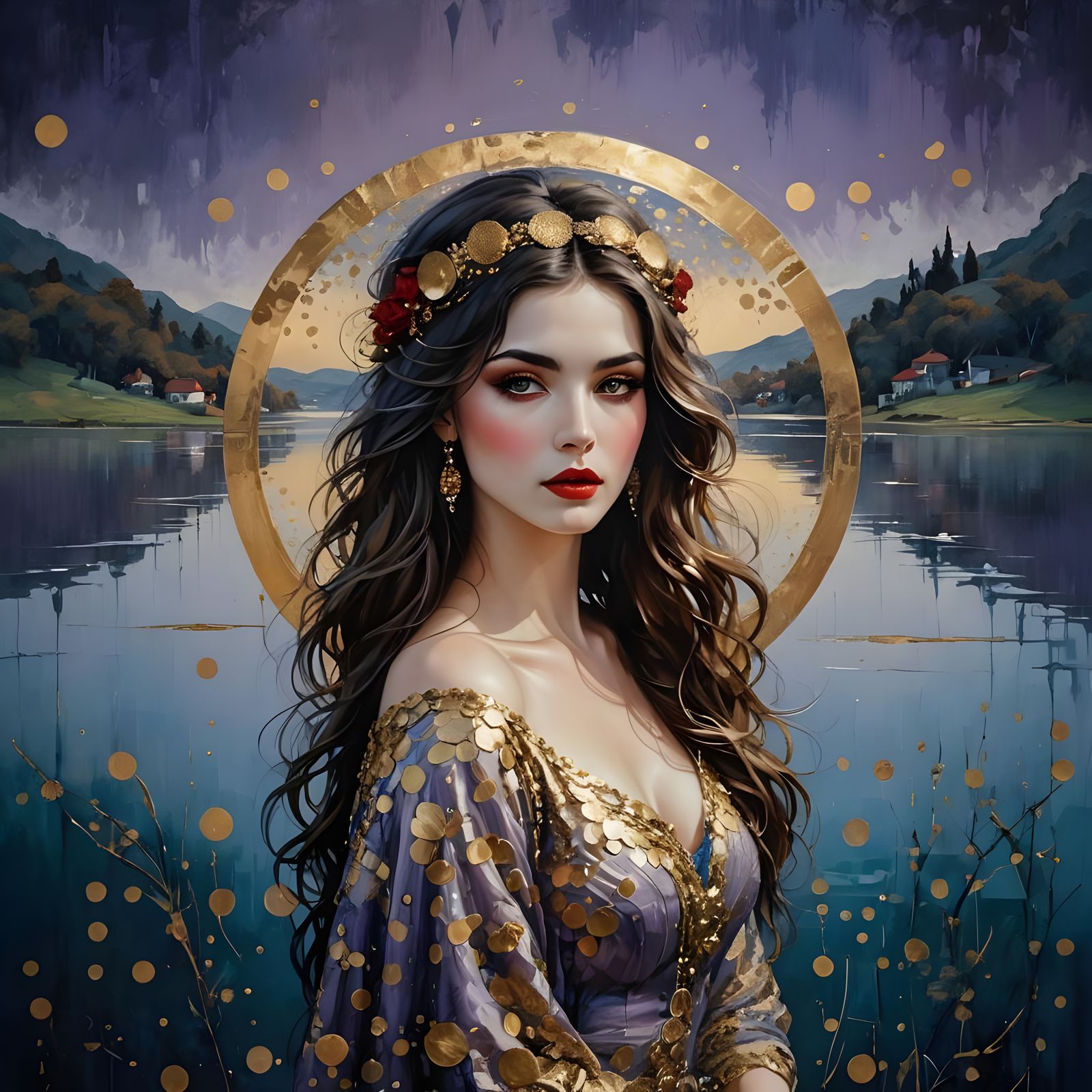 Dreamy Digital Art of Woman with Golden Circles