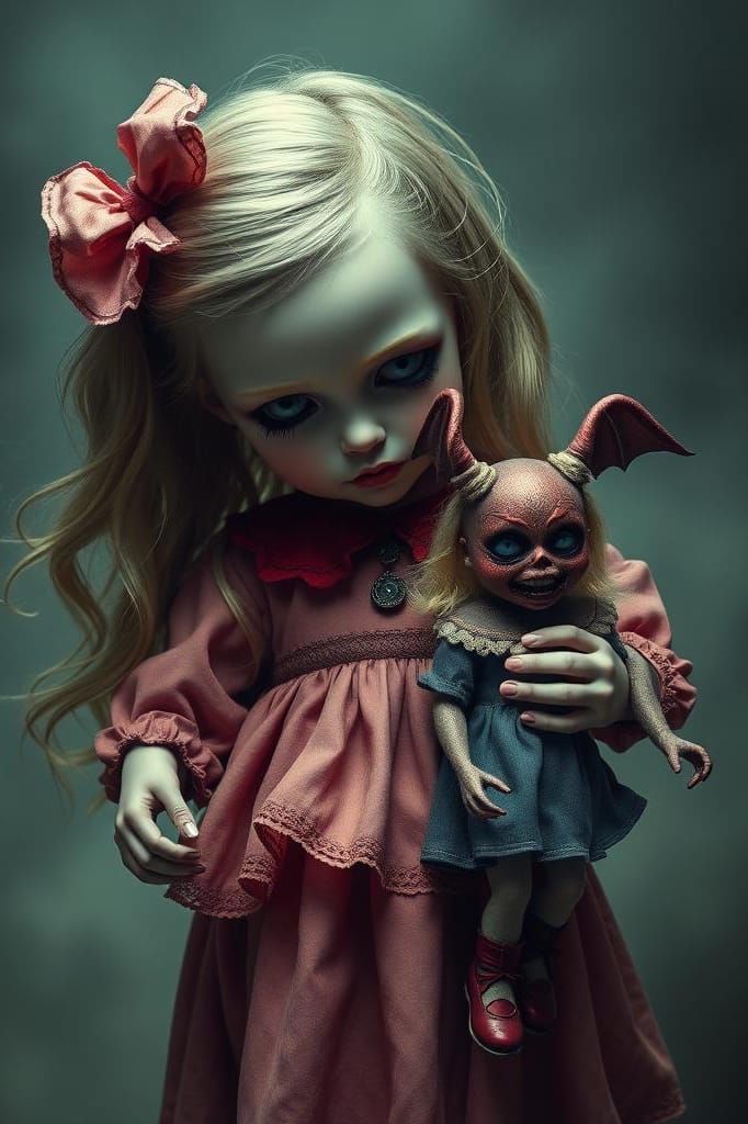 Nightmarish Little Girl with Evil Dolls