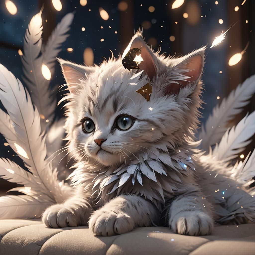 Anime Kitten Playing with Feathers in 3D