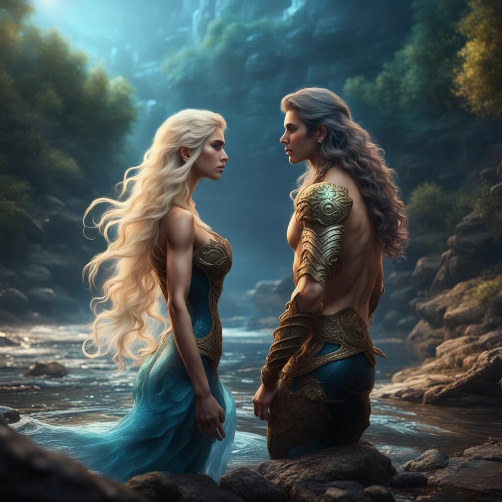 Merman and Latina Girl Riverside Fantasy Art