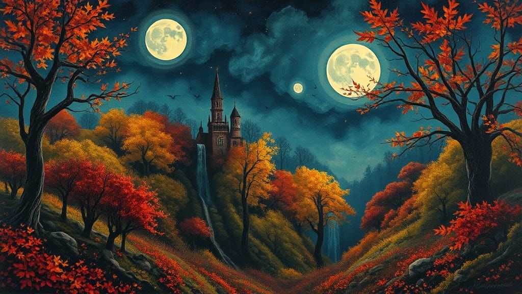 Eerie Autumnal Landscape with Celtic Motifs in Impasto Style