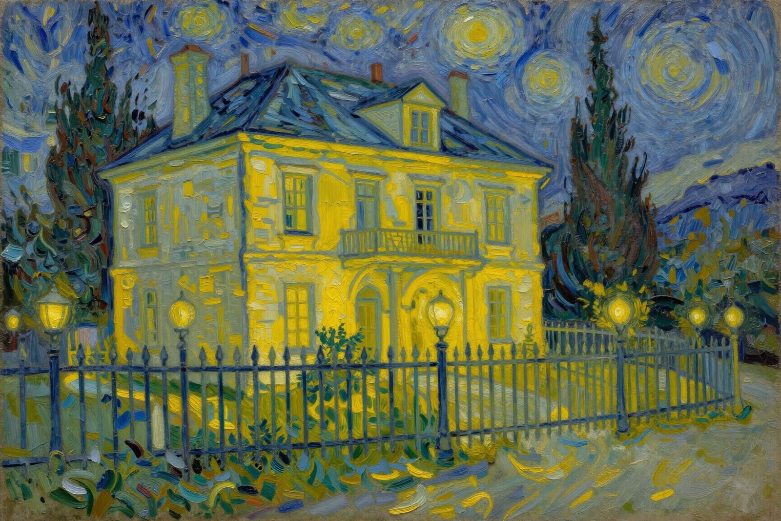 Old Mansion at Night in Yellow Light, Neo-Impressionist Styl...