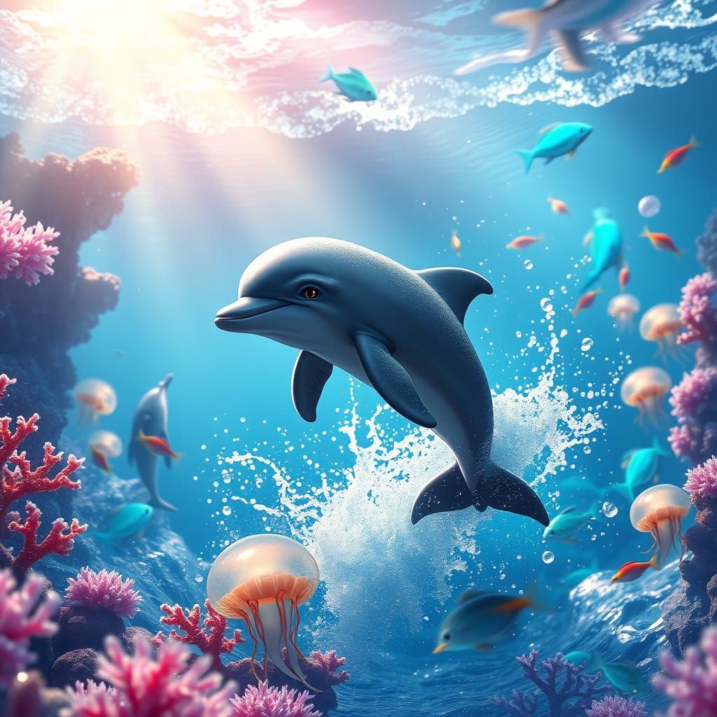 Vibrant Baby Dolphin Leaps Through Turquoise Coral Reef