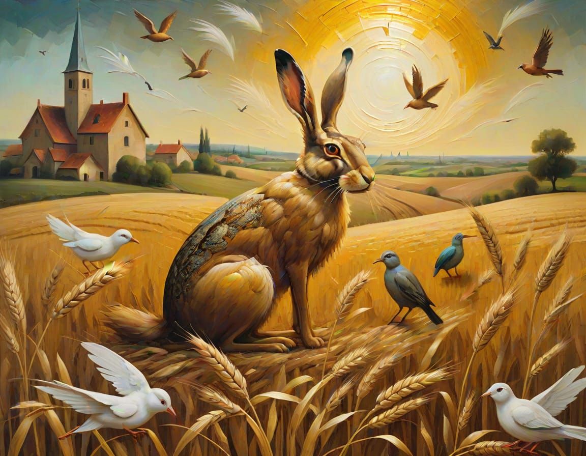 Ethereal Birds and Hare in Golden Wheat Field