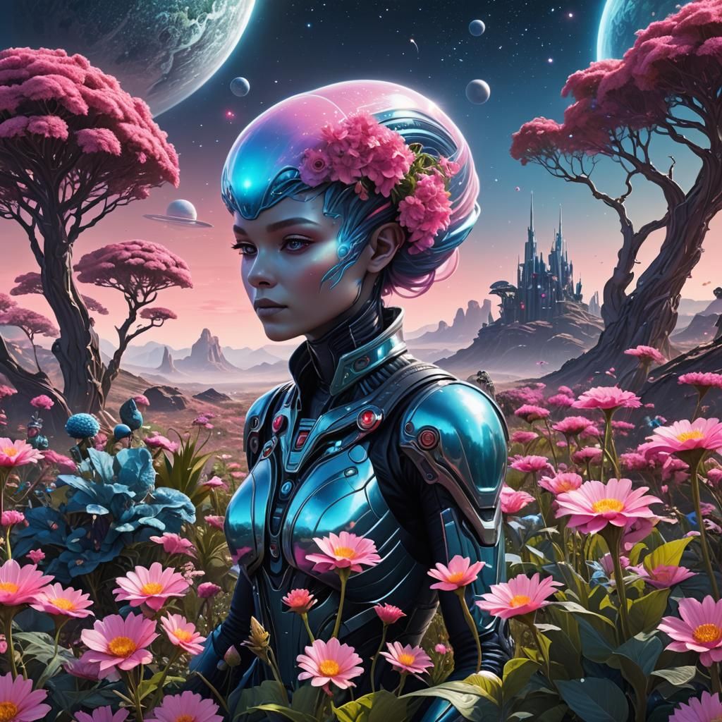 Alien Woman Gardening on Galactic Planet in Sci-Fi Art