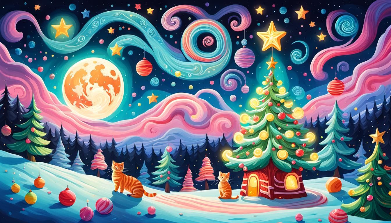 Christmas Tree in Candyland: Gouache Painting with Cat