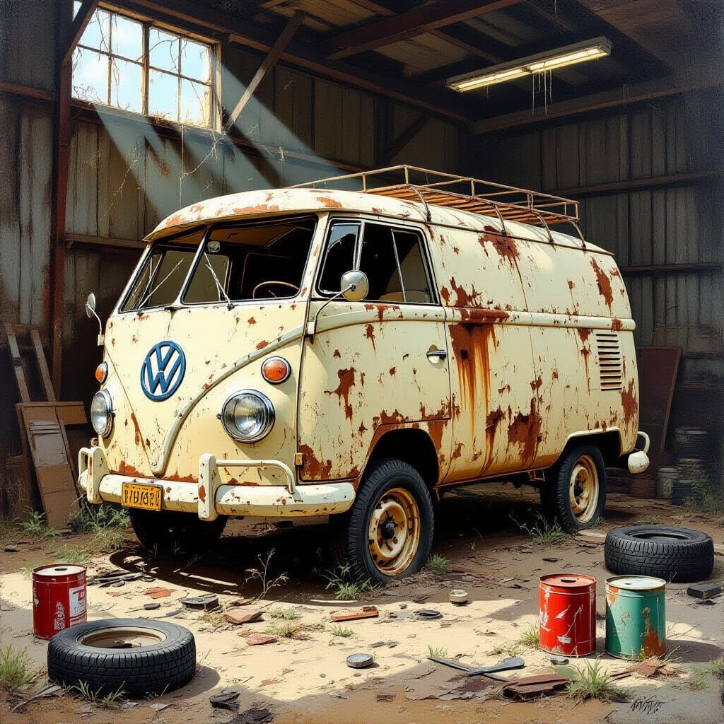 Abandoned Rusty Van in Derelict Workshop Oil Painting