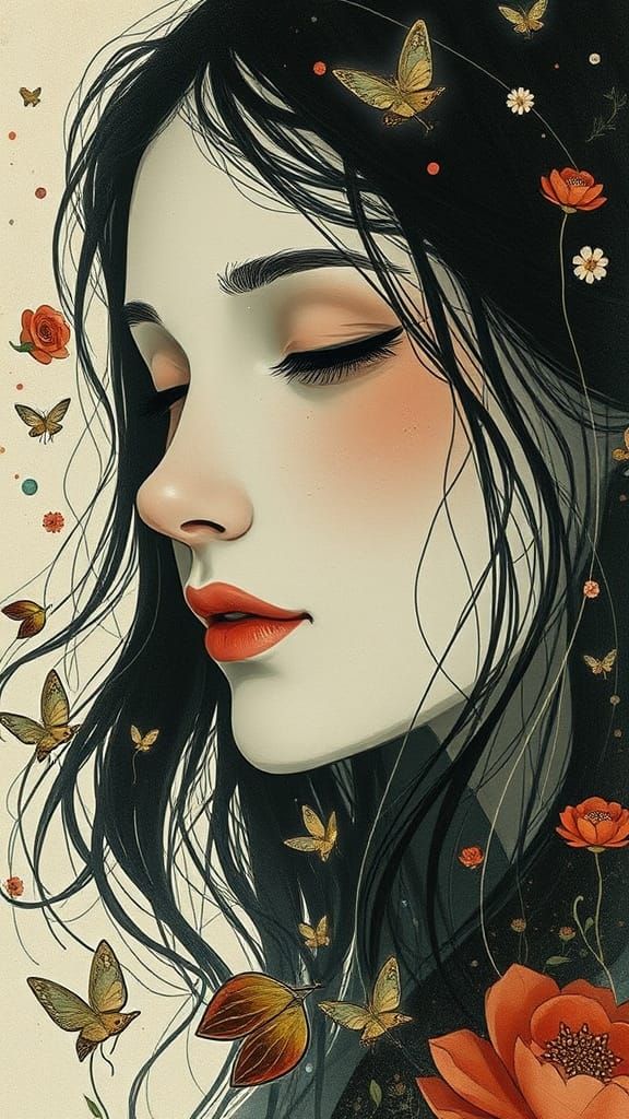 Woman Lost in Thought Amidst Whimsical Patterns