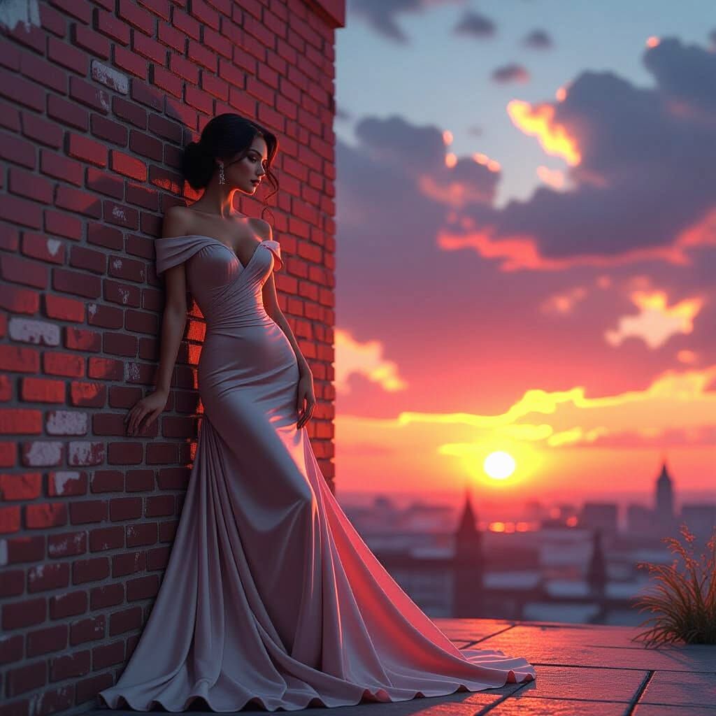 glamorous woman, leaning against a brick wall, dramatic suns...