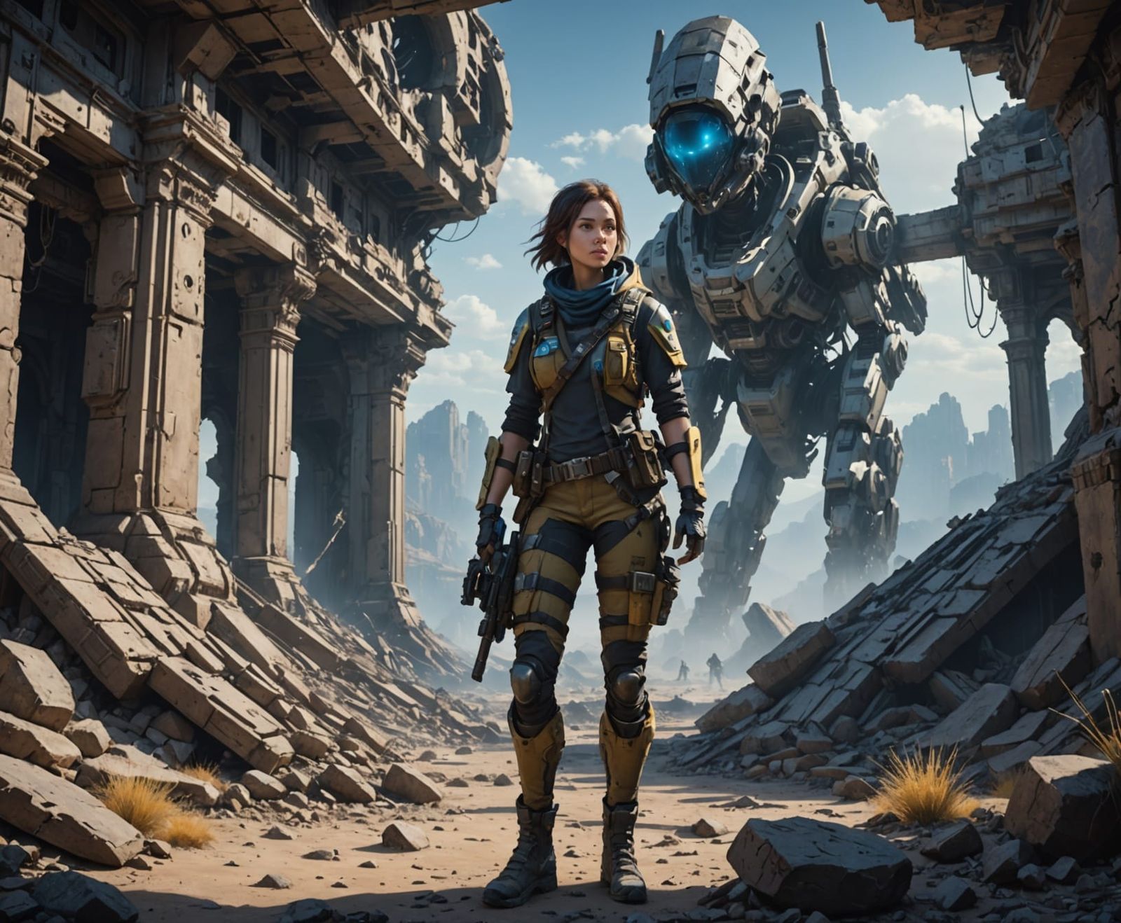 Female explorer in ruins on an alien world
