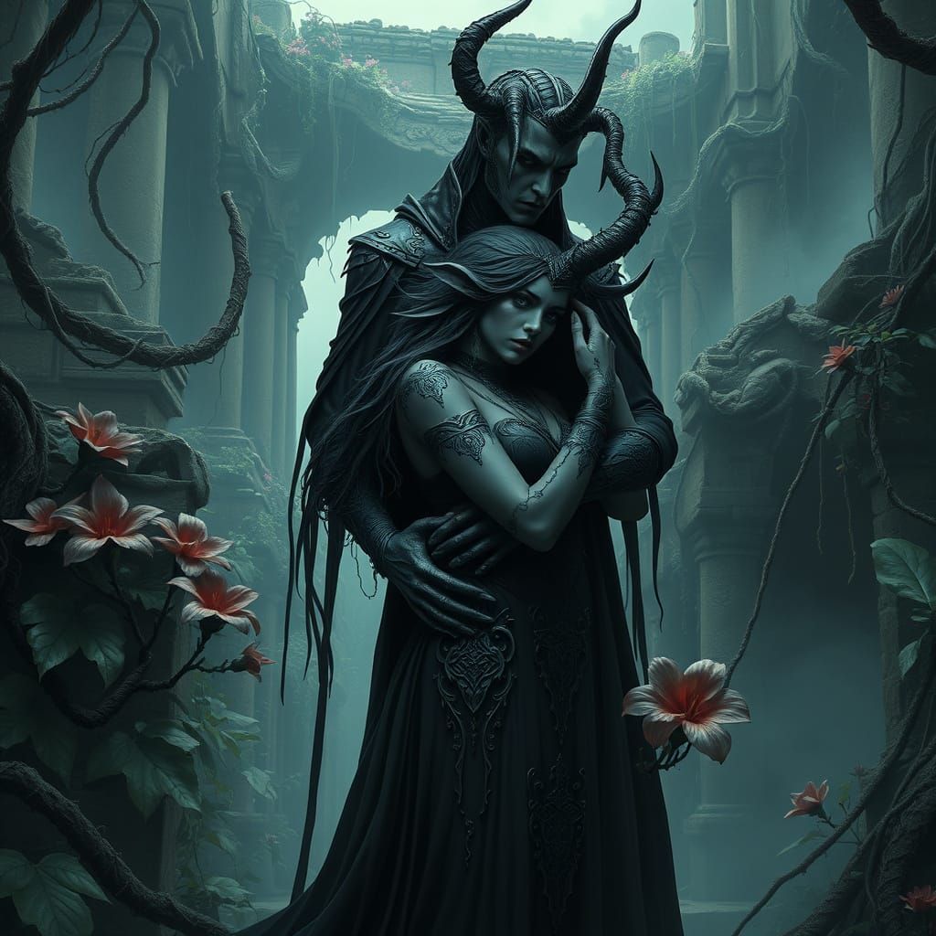 Dark Fantasy: Entity and Witch in Jungle Ruins