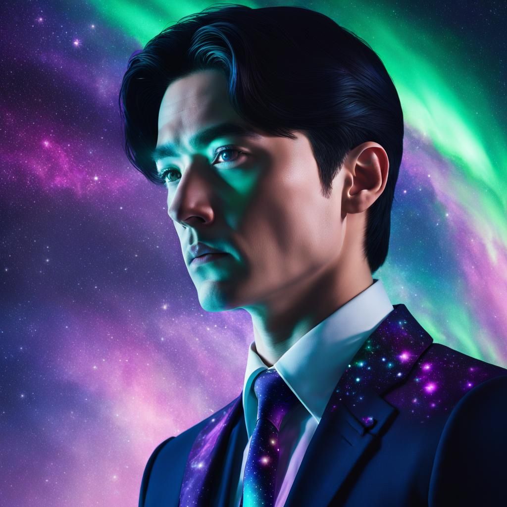 Man with Galaxy Aurora Double Exposure Portrait