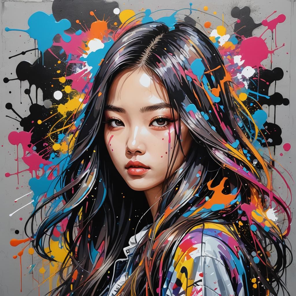 Chic Korean Girl in Graffiti Splash Art Style