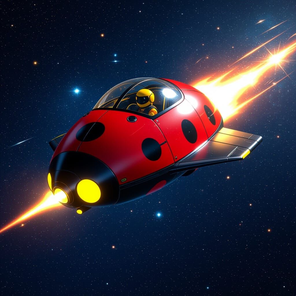 Ladybug Spaceship Zooms Through Galaxy in Vibrant Style
