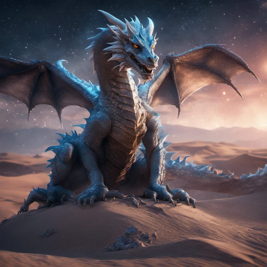 Ice Dragon in Starry Desert: Detailed Matte Painting