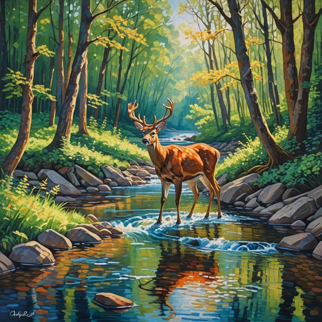 Deer at River in Expressionist Impasto Style