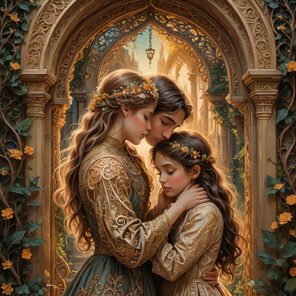 Fairytale Embrace in a Mystical Archway, Digital Art